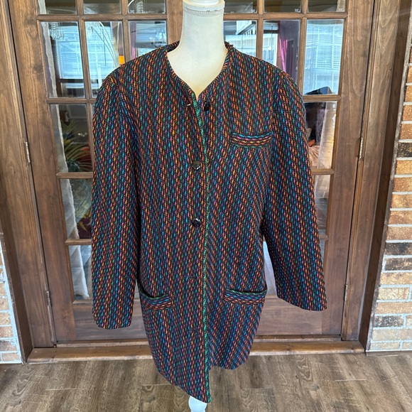 Jaeger Vintage Black  100% Wool Multicolor Coat 16 - Picture 2 of 10